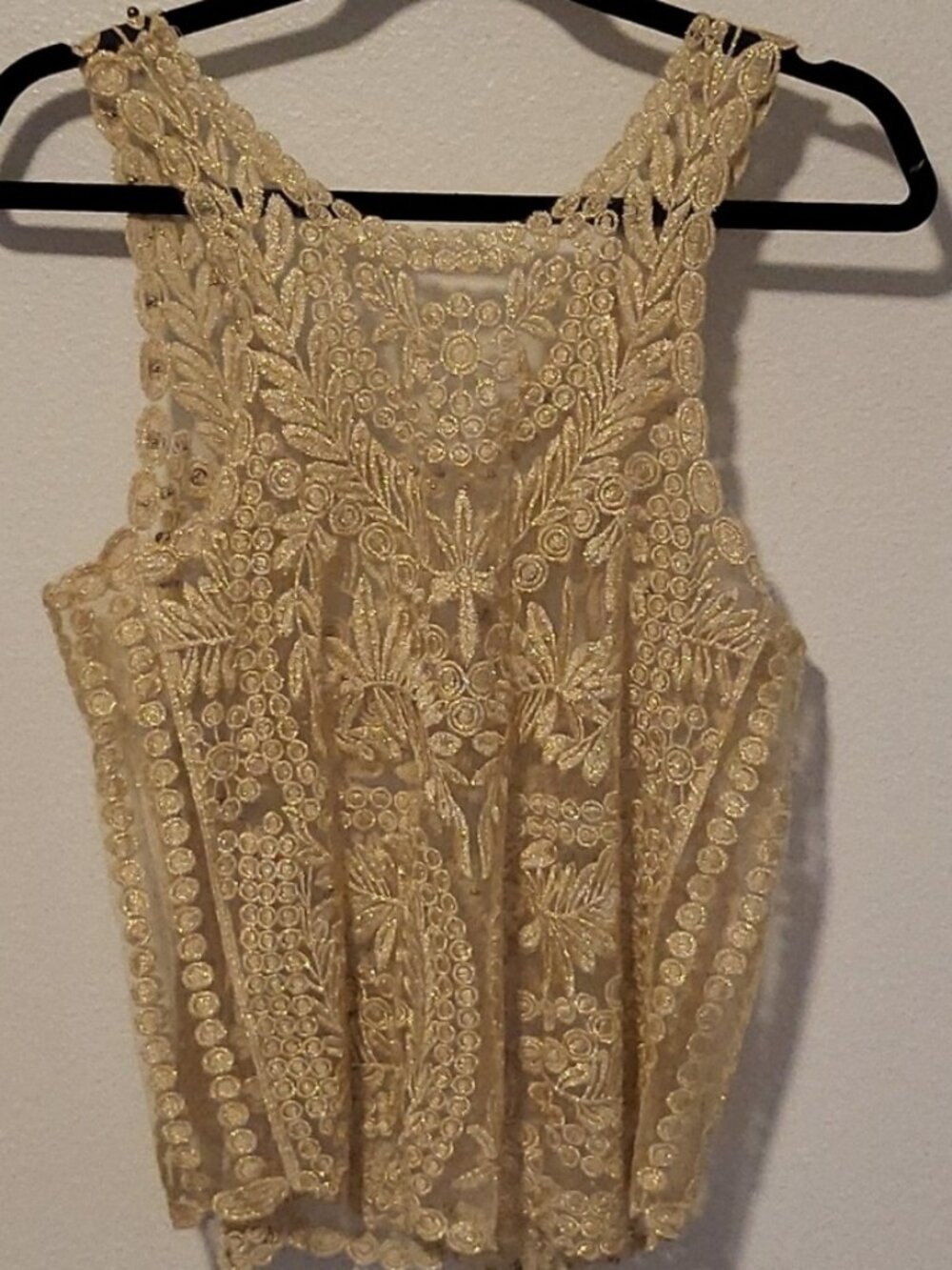 Gold Sleeveless Embroidered Lace Top with Studs